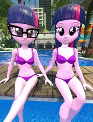 Size: 900x1184 | Tagged: suggestive, artist:oatmeal!, derpibooru import, sci-twi, twilight sparkle, human, equestria girls, 3d, belly button, bikini, breasts, clothes, crossed legs, glasses, gmod, humanized, image, looking at you, png, sexy, sitting, solo, swimming pool, swimsuit, tropical, twolight