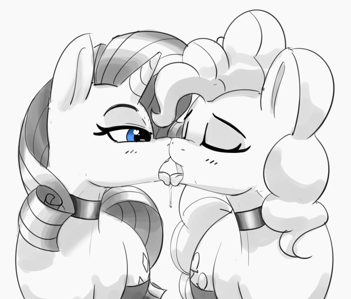 Size: 2864x2439 | Tagged: suggestive, artist:pabbley, derpibooru import, pinkie pie, rarity, earth pony, pony, unicorn, black and white, choker, eyes closed, female, french kiss, grayscale, image, jpeg, kissing, lesbian, mare, monochrome, neo noir, partial color, raripie, shipping, simple background, tongue out, white background