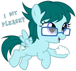 Size: 3680x3440 | Tagged: safe, artist:strategypony, derpibooru import, oc, oc:cloudy bits, unofficial characters only, pegasus, pony, cloud, dialogue, female, filly, flying, foal, glasses, image, pegasus oc, png, simple background, talking to viewer, text, transparent background, wings