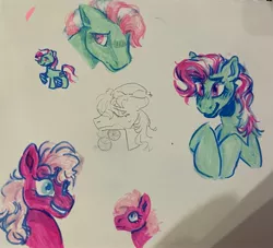 Size: 3325x3024 | Tagged: safe, artist:breakcqrpse, derpibooru import, minty, pinkie pie, pinkie pie (g3), earth pony, female, g3, highlighter, image, jpeg, lesbian, mintypie, shipping, simple background, traditional art