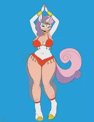 Size: 960x1243 | Tagged: suggestive, artist:megasweet, derpibooru import, sweetie belle, anthro, unguligrade anthro, armpits, belly button, belly dancer, big breasts, black and white, breasts, busty sweetie belle, colored, cutie mark, erect nipples, female, grayscale, image, lineart, monochrome, nipple outline, nipples, nudity, older, one eye closed, png, solo, solo female, the cmc's cutie marks, wide hips, wink