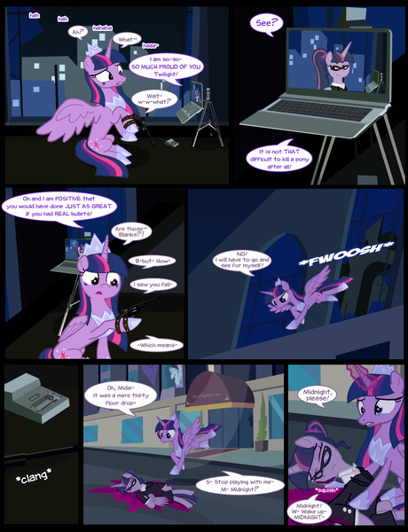 Size: 1042x1358 | Tagged: grimdark, artist:dendoctor, derpibooru import, mean twilight sparkle, princess twilight 2.0, twilight sparkle, twilight sparkle (alicorn), alicorn, pony, comic:clone.., the last problem, alternate universe, blood, clone, clothes, comic, computer, crying, death, detonator, female, g4, glasses, gun, handgun, image, jpeg, laptop computer, older, older twilight, pistol, self paradox, self ponidox, weapon