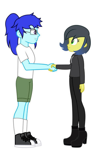 Size: 705x1133 | Tagged: safe, artist:paulysentry, derpibooru import, oc, oc:bloomie jim, oc:pauly sentry, unofficial characters only, equestria girls, commission, commission:jimmyvu2003, greeting, image, jpeg, male and female, meeting, simple background