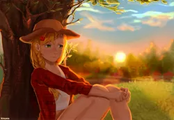 Size: 2443x1680 | Tagged: safe, artist:kinuwa, derpibooru import, applejack, human, equestria girls, image, jpeg, solo, sunset