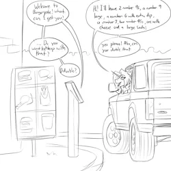 Size: 2000x2000 | Tagged: safe, artist:thedrunkcoyote, derpibooru import, oc, oc:amber steel, unofficial characters only, anthro, unicorn, big smoke, car, dialogue, digital art, drive thru, fast food, female, food, ford, ford bronco, grand theft auto, gta san andreas, horn, image, monochrome, order, png, solo, speech bubble, talking, text, unicorn oc