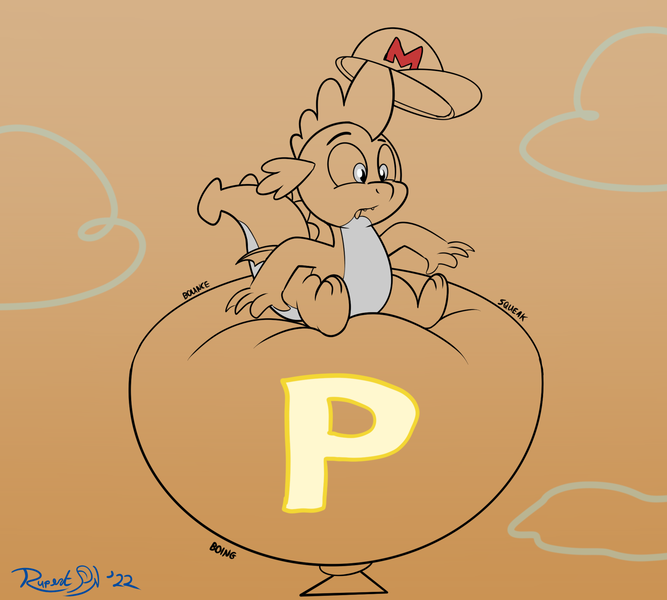 Size: 2000x1800 | Tagged: safe, artist:rupertbluefox, derpibooru import, spike, dragon, series:natg rupert 22, balloon, balloon sitting, cute, derpibooru exclusive, dichromatic, image, imminent inflation, limited palette, male, mario hat, newbie artist training grounds, o mouth, p balloon, png, sitting, sketch, sky, spikabetes, super mario bros., super mario world, that dragon sure does love balloons, winged spike, wings
