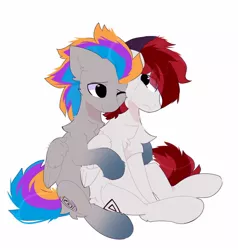 Size: 1524x1599 | Tagged: safe, artist:little-sketches, derpibooru import, oc, oc:allen, oc:pixel codec, unofficial characters only, pegasus, pony, chest fluff, comforting, commission, crying, cuddling, folded wings, gradient hooves, hug, hug from behind, image, jpeg, male, pegasus oc, simple background, sitting, stallion, wings