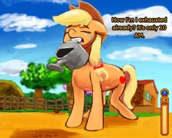 Size: 2732x2200 | Tagged: safe, artist:phutashi, derpibooru import, applejack, earth pony, pony, atg 2022, dialogue, eyes closed, female, floppy ears, gritted teeth, image, mare, mouth hold, newbie artist training grounds, png, solo, stardew valley, sweat, sweatdrop, teeth, watering can
