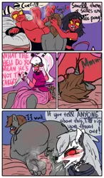 Size: 2100x3600 | Tagged: suggestive, artist:fetishsketches, derpibooru import, millie, oc, oc:vic, anthro, hellhound, imp, unicorn, blitzo, comic, commission, feet, fetish, foot fetish, helluva boss, image, loona (helluva boss), moxxie, multiple characters, nudity, png