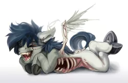 Size: 1658x1080 | Tagged: semi-grimdark, artist:mithriss, derpibooru import, oc, oc:inju, unofficial characters only, pegasus, pony, undead, zombie, zombie pony, bone, fangs, image, male, open mouth, open smile, png, smiling, solo, stallion, stitches, wings