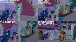 Size: 4400x2475 | Tagged: safe, derpibooru import, edit, edited screencap, editor:quoterific, screencap, discord, princess celestia, princess luna, twilight sparkle, twilight sparkle (alicorn), alicorn, draconequus, pony, season 9, the summer sun setback, spoiler:s09, crown, eyes closed, female, image, jewelry, male, mare, night, open mouth, open smile, png, regalia, smiling, sunglasses, text