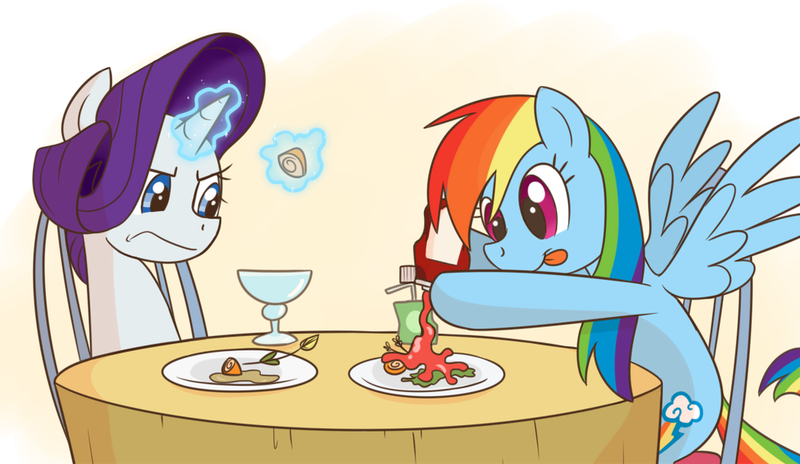 Size: 1049x609 | Tagged: safe, artist:anonymous, derpibooru import, rainbow dash, rarity, pegasus, pony, unicorn, dinner, drawthread, duo, female, food, image, ketchup, levitation, magic, mare, png, rarity is not amused, requested art, sauce, simple background, sitting, table, telekinesis, tongue out, unamused