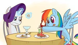 Size: 1049x609 | Tagged: safe, artist:anonymous, derpibooru import, rainbow dash, rarity, pegasus, pony, unicorn, dinner, drawthread, duo, female, food, image, ketchup, levitation, magic, mare, png, rarity is not amused, requested art, sauce, simple background, sitting, table, telekinesis, tongue out, unamused