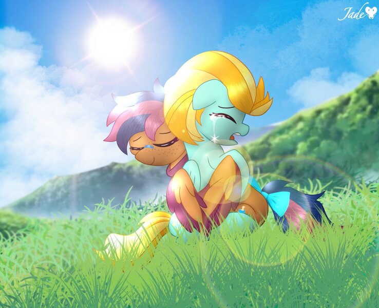 Size: 1600x1300 | Tagged: safe, artist:jadebreeze115, derpibooru import, lightning dust, oc, oc:solar comet, pegasus, pony, bow, comforting, crying, hug, image, jpeg, tail, tail bow, upset, winghug, wings