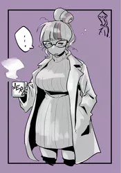 Size: 1400x2000 | Tagged: safe, artist:sozglitch, derpibooru import, sci-twi, twilight sparkle, human, ..., big breasts, breasts, busty sci-twi, clothes, coffee, drink, female, glasses, hand in pocket, image, jpeg, lab coat, messy hair, nerd, purple background, simple background, solo, speech bubble, steam, sweater, tired