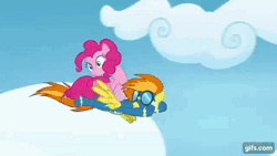 Size: 640x360 | Tagged: safe, derpibooru import, screencap, pinkie pie, spitfire, earth pony, pegasus, pony, season 7, secrets and pies, animated, clothes, duo, female, flying, gif, gifs.com, image, mare, nose in the air, open mouth, pinkie pie riding spitfire, ponies riding ponies, riding, spread wings, tree, uniform, wings, wonderbolts uniform