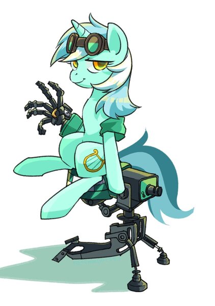 Size: 844x1200 | Tagged: safe, artist:yukkuri_yu_yu, derpibooru import, lyra heartstrings, pony, unicorn, crossover, engie lyra, engineer, female, goggles, gun, gunslinger (tf2), horn, image, jpeg, looking at you, machine, mare, mini-sentry gun, prosthetics, sentry gun, simple background, sitting, solo, team fortress 2, video game, weapon, white background