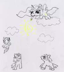 Size: 1749x1981 | Tagged: safe, artist:ja0822ck, derpibooru import, princess celestia, alicorn, earth pony, pegasus, unicorn, drawing, image, jpeg, sun, traditional art