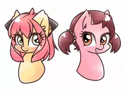 Size: 1923x1420 | Tagged: safe, artist:namaenonaipony, derpibooru import, ponified, earth pony, pony, anime, anya forger, becky blackbell, bust, duo, duo female, eye clipping through hair, female, image, jpeg, looking at you, mare, open mouth, simple background, spy x family, white background