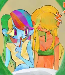 Size: 520x603 | Tagged: safe, artist:8165tanmen, derpibooru import, applejack, rainbow dash, equestria girls, appledash, breasts, brushing teeth, cleavage, clothes, duo, duo female, eye clipping through hair, female, freckles, hatless, image, jpeg, lesbian, looking at someone, midriff, mirror, missing accessory, onomatopoeia, shipping, sleeping, sound effects, toothbrush, zzz