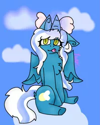 Size: 1091x1370 | Tagged: safe, artist:flurryc, derpibooru import, oc, oc:fleurbelle, alicorn, pony, :p, alicorn oc, chest fluff, cloud, female, horn, image, mare, on a cloud, png, sitting, sitting on cloud, sky, tongue out, wings, yellow eyes