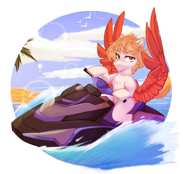 Size: 1050x1000 | Tagged: safe, artist:thieftea, derpibooru import, oc, unofficial characters only, hybrid, pegasus, pony, image, jet ski, looking at you, png, solo, spread wings, wave, wings