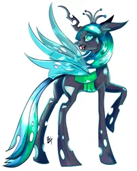 Size: 1646x2048 | Tagged: safe, artist:bestlifeb4, derpibooru import, queen chrysalis, changeling, changeling queen, female, horn, image, insect wings, jpeg, profile, raised hoof, sharp teeth, signature, simple background, solo, spread wings, teeth, white background, wings