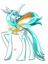 Size: 1536x2048 | Tagged: safe, artist:bestlifeb4, derpibooru import, queen chrysalis, changedling, changeling, changeling queen, changedling queen, female, horn, image, insect wings, jpeg, profile, raised hoof, signature, simple background, solo, spread wings, white background, wings