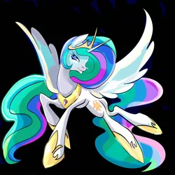 Size: 2048x2048 | Tagged: safe, artist:bestlifeb4, derpibooru import, princess celestia, alicorn, pony, black background, female, flying, horn, image, jewelry, jpeg, mare, profile, regalia, simple background, solo, spread wings, wings