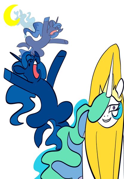 Size: 1416x2048 | Tagged: safe, artist:bestlifeb4, derpibooru import, princess celestia, princess luna, alicorn, pony, banana, banana costume, banana suit, bananalestia, crescent moon, do you like bananas?, food, hair over one eye, hooves in air, horn, image, jewelry, jpeg, looking at you, moon, open mouth, regalia, simple background, smiling, smiling at you, to the moon, white background, wingless