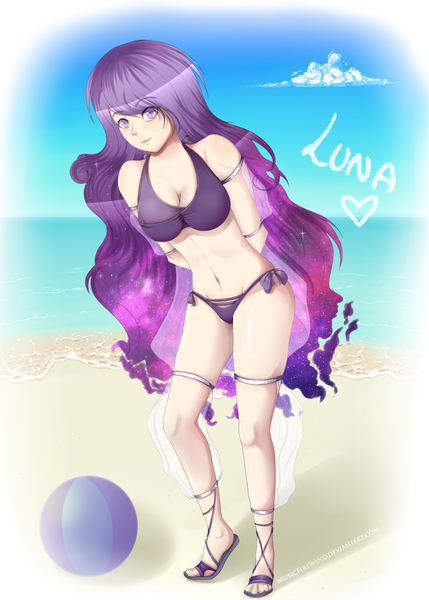Size: 1530x2141 | Tagged: suggestive, artist:musicfirewind, derpibooru import, princess luna, human, arm behind back, beach, beach ball, bikini, breasts, cleavage, clothes, ethereal hair, female, hands behind back, humanized, image, jpeg, looking at you, sandals, side-tie bikini, solo, swimsuit