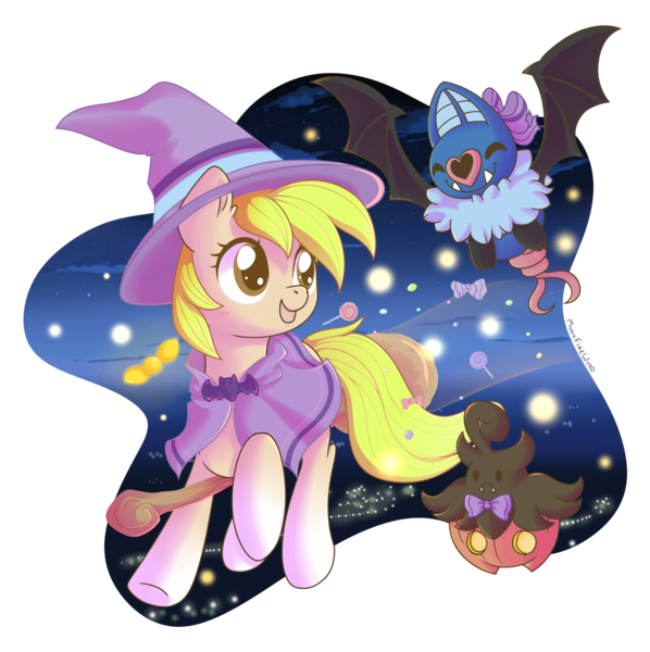 Size: 2163x2170 | Tagged: safe, artist:musicfirewind, derpibooru import, oc, oc:pixie bell, unofficial characters only, pony, pumpkaboo, swoobat, broom, candy, clothes, commission, costume, crossover, flying, flying broomstick, food, halloween, halloween costume, high res, holiday, image, lollipop, png, pokémon, simple background, solo, transparent background, witch, ych result