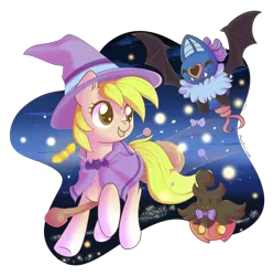Size: 2163x2170 | Tagged: safe, artist:musicfirewind, derpibooru import, oc, oc:pixie bell, unofficial characters only, pony, pumpkaboo, swoobat, broom, candy, clothes, commission, costume, crossover, flying, flying broomstick, food, halloween, halloween costume, high res, holiday, image, lollipop, png, pokémon, simple background, solo, transparent background, witch, ych result