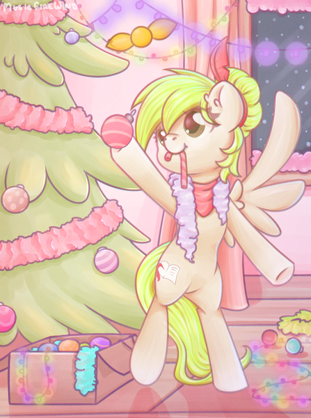 Size: 1369x1839 | Tagged: safe, artist:musicfirewind, derpibooru import, oc, oc:pixie bell, unofficial characters only, pegasus, pony, bipedal, candy, candy cane, christmas, christmas decoration, christmas tree, decorating, food, holiday, image, png, solo, tree