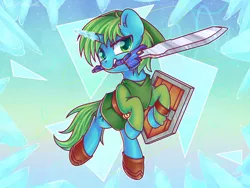 Size: 1600x1200 | Tagged: safe, artist:musicfirewind, derpibooru import, oc, oc:nemephir, unofficial characters only, pony, unicorn, abstract background, clothes, cosplay, costume, crossover, image, link, master sword, png, solo, the legend of zelda, the legend of zelda: the wind waker