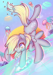 Size: 2480x3508 | Tagged: safe, artist:musicfirewind, derpibooru import, derpy hooves, jellyfish, pegasus, pony, epic derpy, female, high res, image, mare, png, solo, spread wings, vaporwave, wings