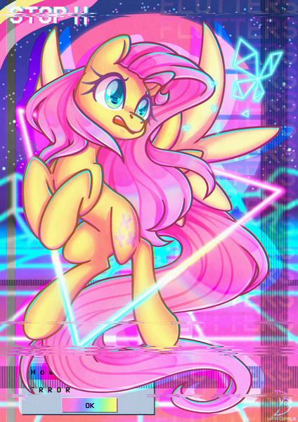 Size: 2480x3508 | Tagged: safe, artist:musicfirewind, derpibooru import, fluttershy, pegasus, pony, distortion, female, high res, image, mare, open mouth, png, retrowave, solo, spread wings, synthwave, vaporwave, wings