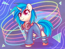 Size: 1600x1200 | Tagged: safe, alternate version, artist:musicfirewind, derpibooru import, vinyl scratch, pony, unicorn, abstract background, clothes, female, headphones, image, mare, png, shoes, solo