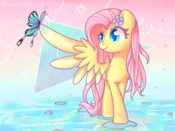 Size: 1600x1200 | Tagged: safe, artist:musicfirewind, derpibooru import, fluttershy, butterfly, insect, pegasus, pony, alternate hairstyle, cute, female, flower, flower in hair, image, looking at something, mare, one wing out, png, shyabetes, sitting on wing, smiling, solo, standing, water, wings