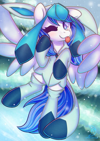 Size: 2480x3508 | Tagged: safe, alternate version, artist:musicfirewind, derpibooru import, oc, oc:blue visions, unofficial characters only, changeling, glaceon, pegasus, pony, ;p, changeling oc, clothes, commission, costume, disguise, disguised changeling, female, high res, image, jpeg, looking at you, one eye closed, pegasus oc, pokémon, solo, tongue out, wings, winter
