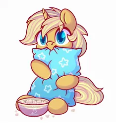 Size: 2480x2650 | Tagged: safe, alternate version, artist:musicfirewind, derpibooru import, oc, oc:sunlight bolt, unofficial characters only, pony, unicorn, biting, bowl, commission, food, high res, hug, image, jpeg, male, pillow, pillow hug, popcorn, scared, simple background, solo, stallion, white background, ych result