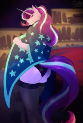 Size: 949x1400 | Tagged: safe, artist:sunny way, derpibooru import, starlight glimmer, anthro, pony, unicorn, art, artwork, bedroom, bookshelf, butt, cloak, clothes, cute, digital art, female, food, glimmer glutes, horn, image, implied shipping, implied starburst, implied straight, large butt, looking at you, looking back, looking back at you, magic, mare, my little pony, panties, patreon, patreon reward, peach, pinup, png, rear view, robe, seductive, smiling, smiling at you, socks, solo, solo female, stars, stockings, sunburst's cloak, thick, thigh highs, underwear