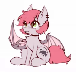 Size: 960x910 | Tagged: safe, derpibooru import, oc, oc:swaybat, unofficial characters only, bat pony, pony, :3, bat pony oc, bat wings, blushing, chest fluff, ear piercing, eye clipping through hair, eyebrows, eyebrows visible through hair, female, image, jpeg, leg fluff, mare, piercing, simple background, sitting, solo, spread wings, white background, wings