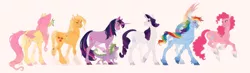 Size: 2500x733 | Tagged: safe, artist:traceofstardust, applejack, fluttershy, pinkie pie, rainbow dash, rarity, spike, twilight sparkle, butterfly, dragon, earth pony, insect, pegasus, pony, unicorn, alternate design, alternate hairstyle, blushing, braid, butterfly on nose, colored hooves, colored wings, female, freckles, group, image, insect on nose, line-up, male, mane six, mare, missing accessory, missing hat, multicolored wings, png, rainbow wings, simple background, smiling, socks (coat marking), straw in mouth, unicorn twilight, unshorn fetlocks, wings