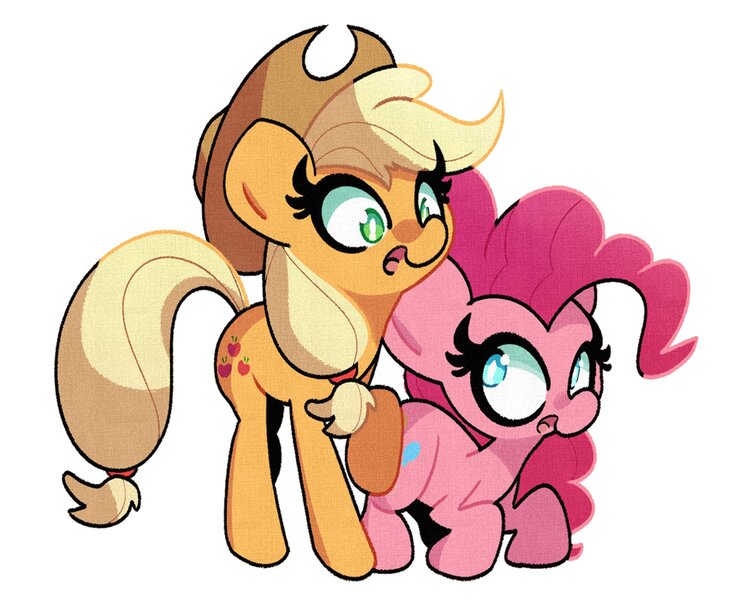 Size: 1857x1488 | Tagged: safe, artist:kindakismet, derpibooru import, applejack, pinkie pie, earth pony, pony, applejack's hat, cowboy hat, duo, duo female, female, hat, image, jpeg, looking at each other, looking at someone, looking down, looking up, mare, open mouth, raised hoof, simple background, white background