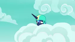 Size: 2048x1149 | Tagged: safe, derpibooru import, screencap, princess luna, alicorn, pony, between dark and dawn, adorable face, blue sky, cloud, cute, face, female, helmet, hiding, horn, image, jpeg, lotta little things, mare, scared, sky, skydiving