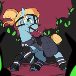 Size: 2048x2048 | Tagged: safe, artist:rirurirue, oc, unofficial characters only, earth pony, pony, baton, crowd, female, image, jpeg, mare, mouth hold, police, police officer, ponytail, riot gear, saddle, solo focus, tack, tail bun
