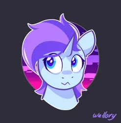 Size: 987x997 | Tagged: safe, artist:wellory, derpibooru import, oc, unofficial characters only, unicorn, bust, cute, female, gray background, image, png, signature, simple background, solo