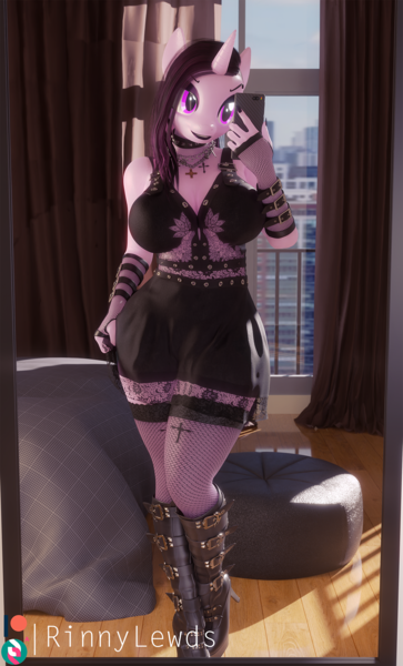 Size: 1160x1920 | Tagged: safe, artist:rinny, derpibooru import, izzy moonbow, anthro, unicorn, 3d, black hair, black lipstick, black nail polish, boots, buckle, choker, clothes, fingerless gloves, fishnets, g5, gloves, goth, goth izzy, high heel boots, image, knee-high boots, lipstick, miniskirt, mobile phone, phone, png, shoes, skirt, socks, solo, stockings, thigh highs