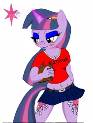 Size: 1315x1736 | Tagged: safe, artist:zachthehedgehog97-2, derpibooru import, twilight sparkle, anthro, unicorn, 2012, book, breasts, busty twilight sparkle, cleavage, female, image, jpeg, pencil, simple background, solo, white background